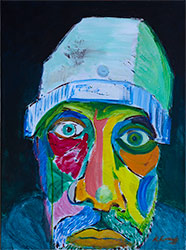 link to Self with Badge an acrylic painting by Kelly Irving, Canadian artist